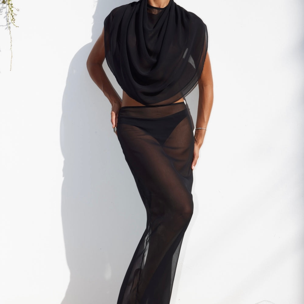 
                  
                    Black Chiffon Cape Top & Skirt Set
                  
                