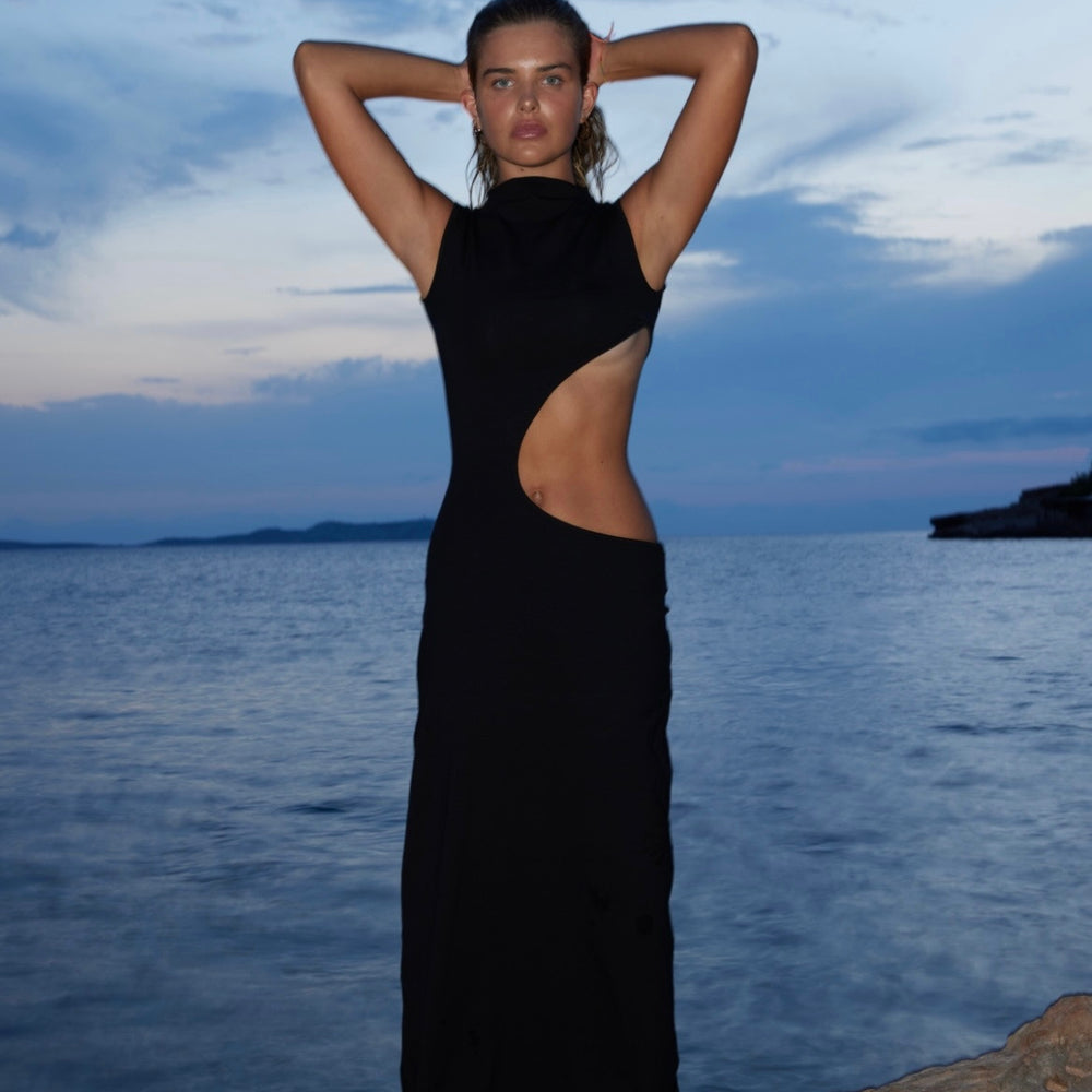 Black High Neck Cut Out Maxi Dress